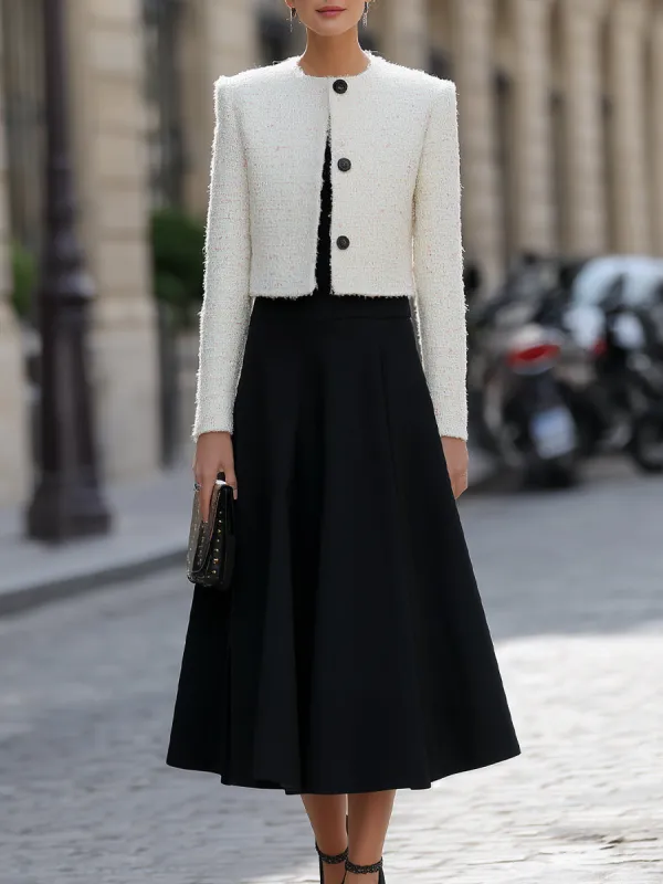 Textured Tweed Cropped Jacket And Flared Midi Skirt Set made by Mooyius