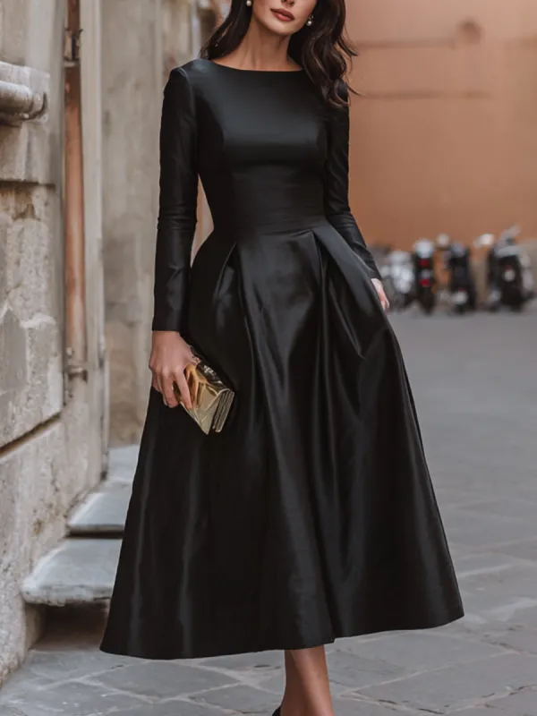 Elegant Long Sleeve Boat Neck A-Line Maxi Dress made by Mooyius