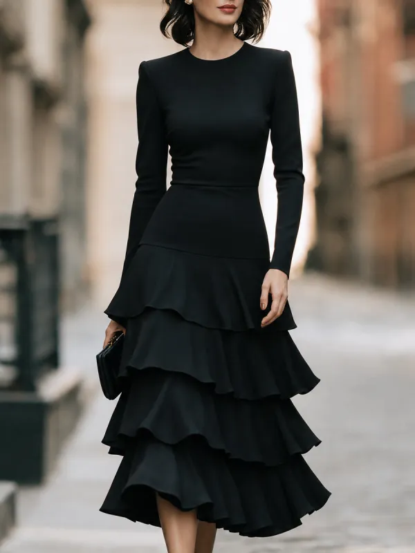 Elegant Long Sleeve Tiered Ruffle Midi Dress made by Mooyius