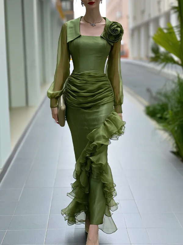 Floral Ruched Ruffle Maxi Dress made by Mooyius