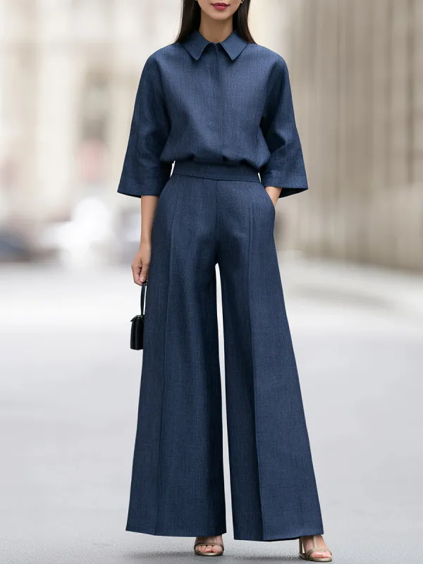 Elegant Wide Collared Top Leg Pants Set made by Mooyius