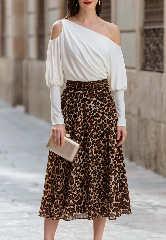 One-Shoulder Draped Top And Leopard-Print Midi Skirt Set made by Mooyius