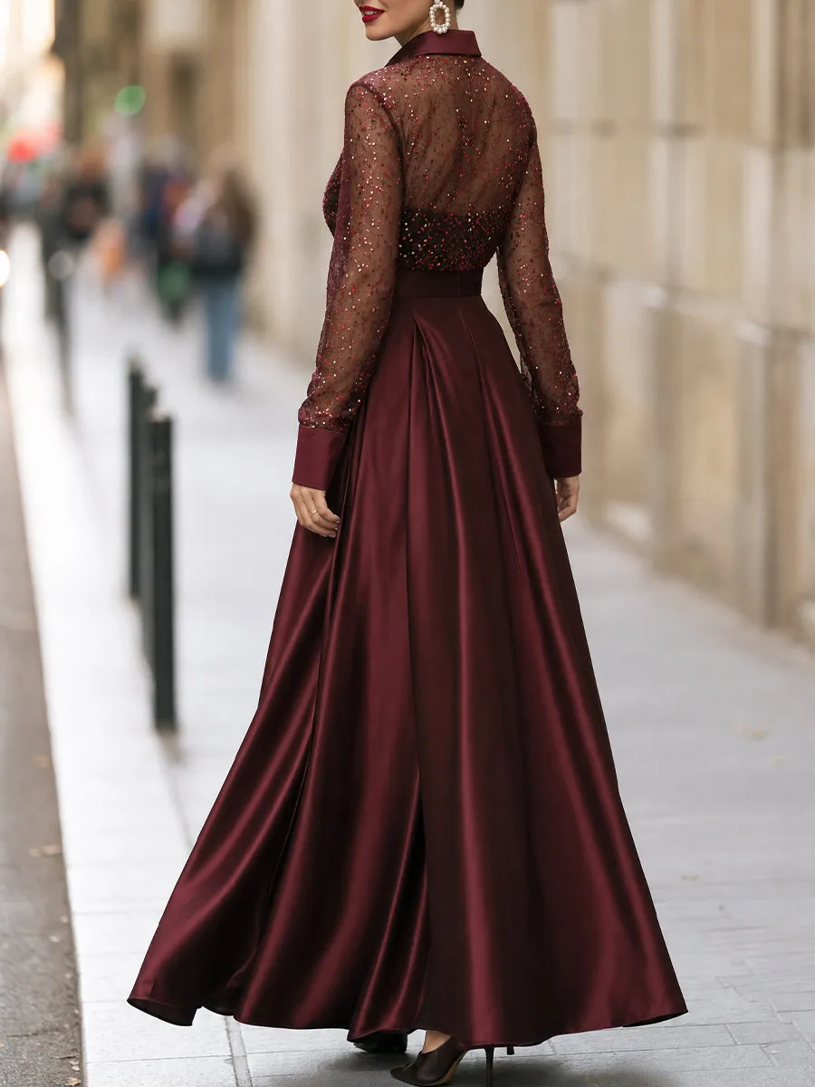 Sequin Mesh Sleeve Satin Maxi Dress sold by Mooyius product image thumbnail 4