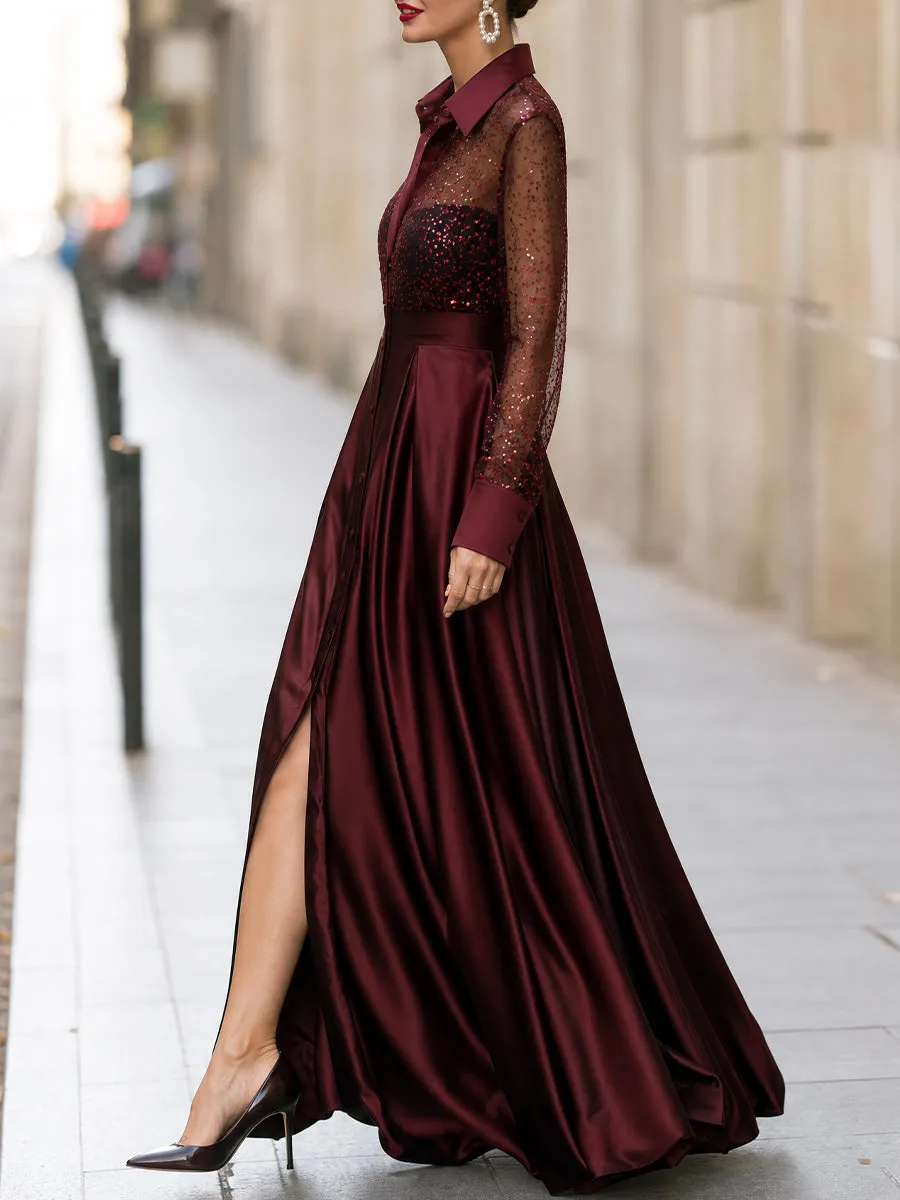 Sequin Mesh Sleeve Satin Maxi Dress sold by Mooyius product image thumbnail 3