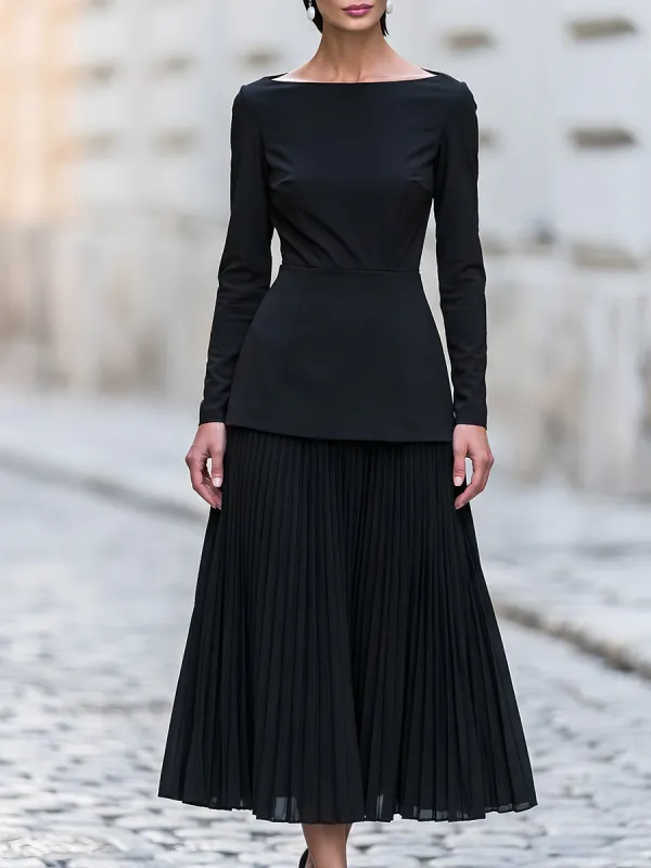 Elegant Boat Neck Top And Pleated Midi Skirt Set made by Mooyius