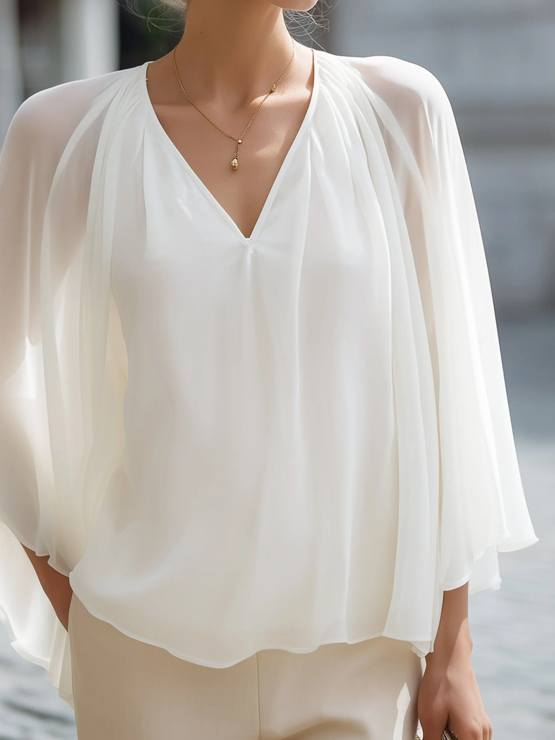 Pleated Cape-Sleeve Chiffon Blouse sold by Mooyius product image thumbnail 4