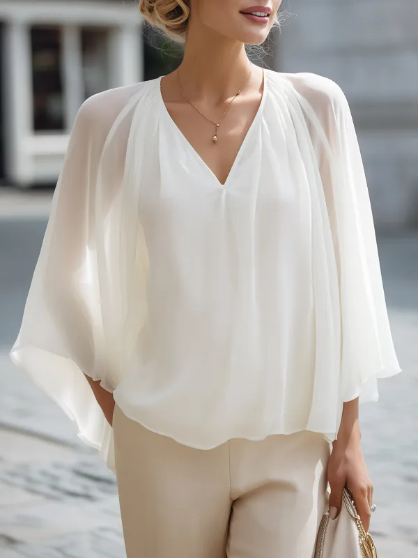 Pleated Cape-Sleeve Chiffon Blouse made by Mooyius