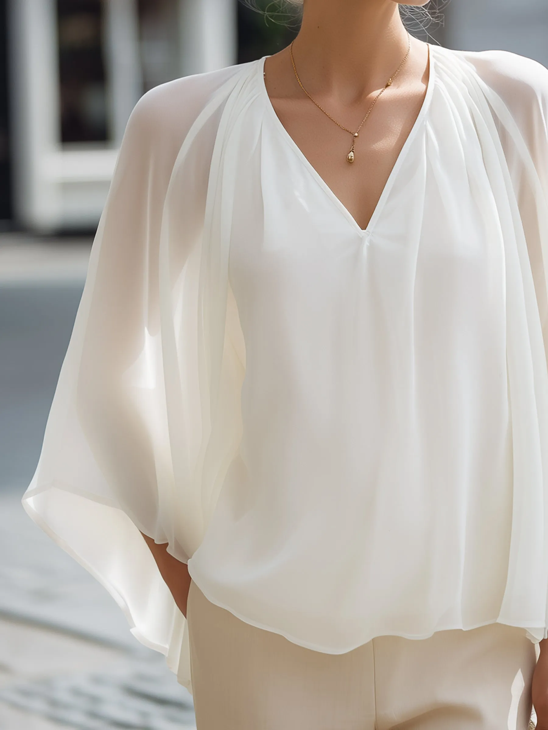 Pleated Cape-Sleeve Chiffon Blouse sold by Mooyius product image thumbnail 3
