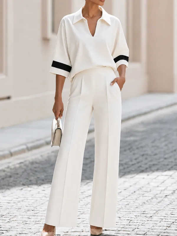 Stripe Cuff Polo V-Neck Blouse & High Waist Pleated Wide Leg Pants Two-Piece White Set made by Something Navy
