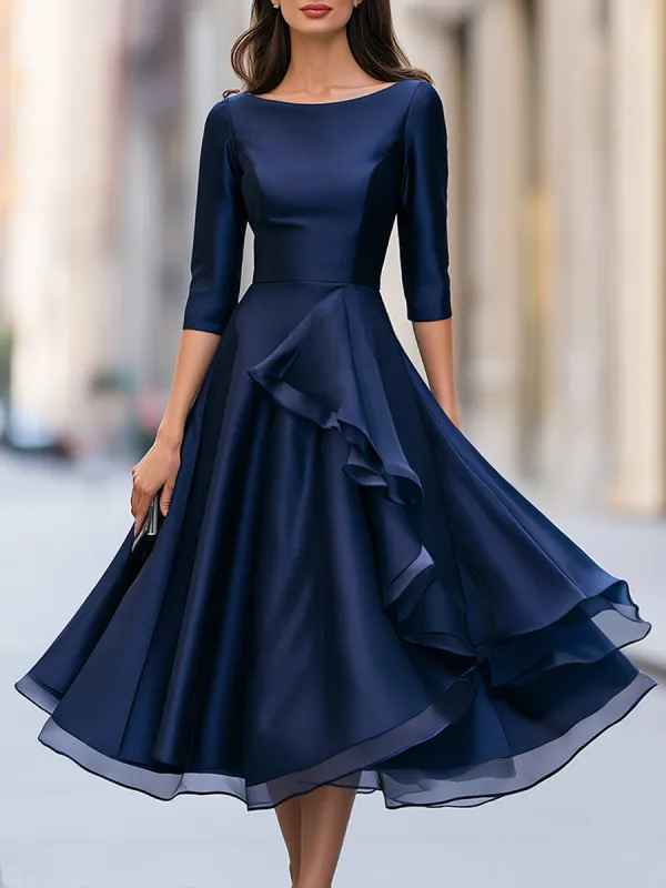 Elegant Navy Blue Ruffle A-Line Midi Dress made by Mooyius