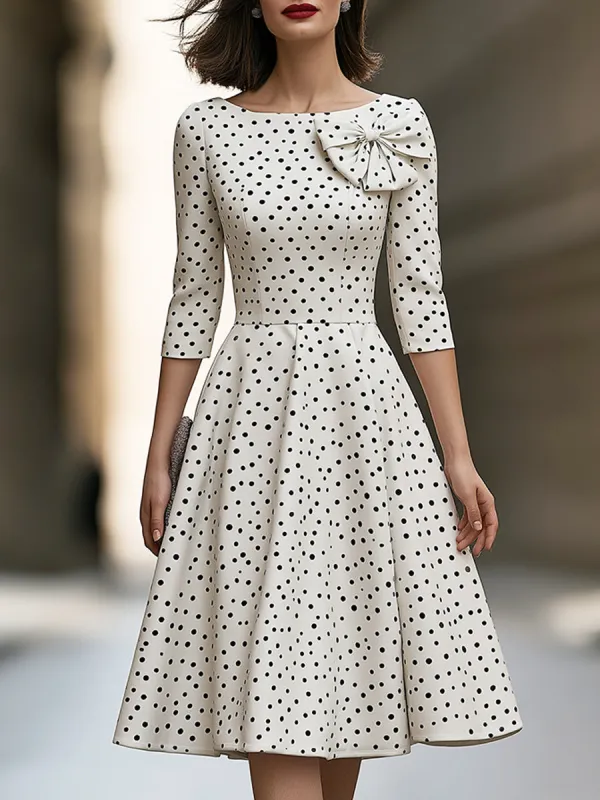 Elegant Polka Dot Bow Detail A-Line Midi Dress made by Mooyius