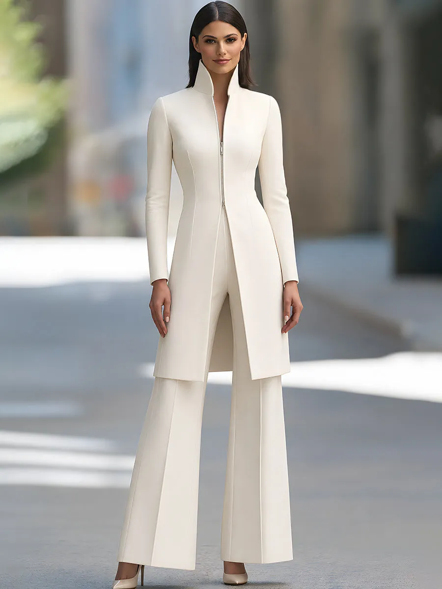 Stand-Collar Zip-Front Longline Jacket And Wide-Leg Pants Set sold by Mooyius product image thumbnail 3