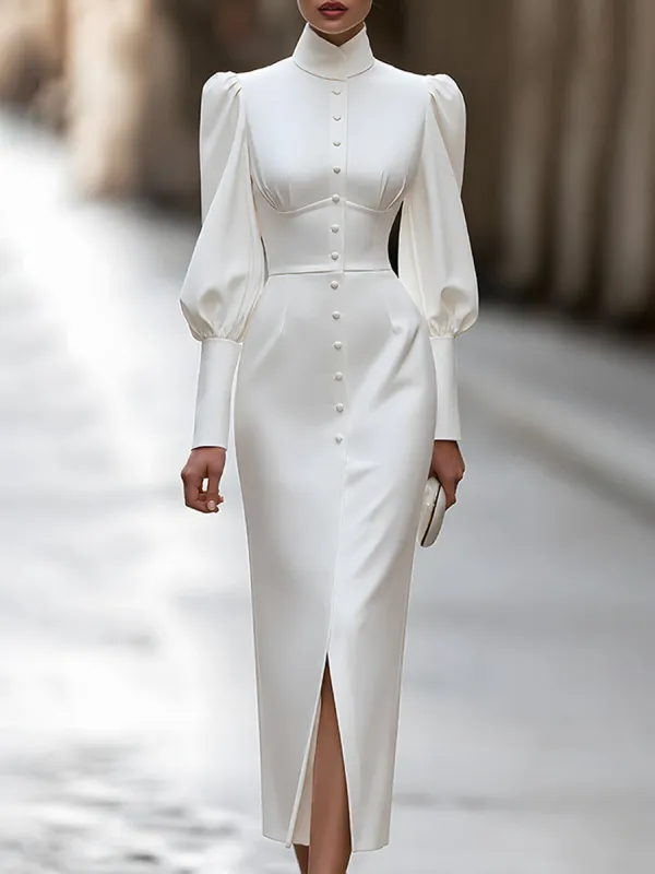 High-Neck Puff-Sleeve Button-Front Midi Dress made by Mooyius