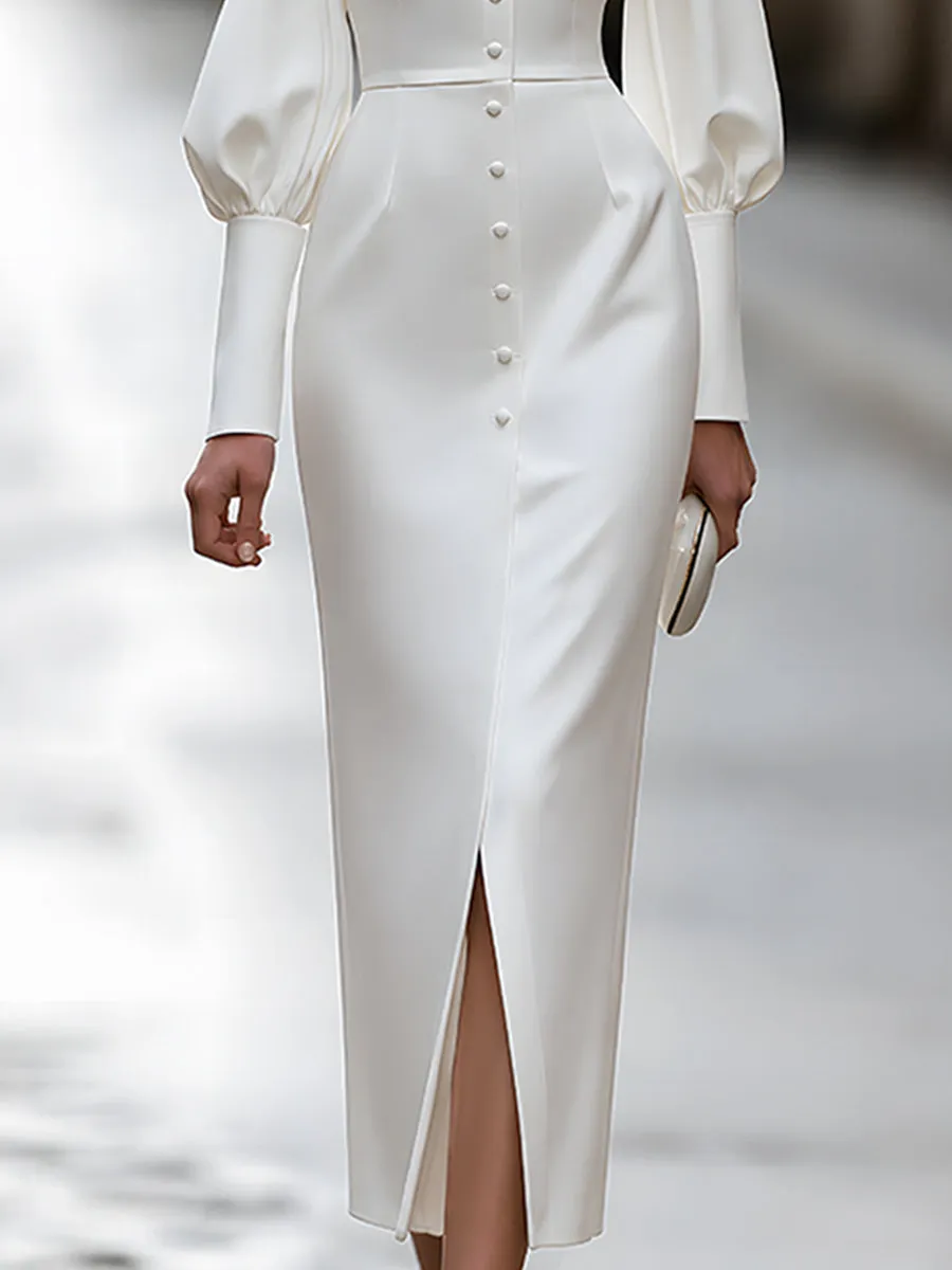 High-Neck Puff-Sleeve Button-Front Midi Dress sold by Mooyius product image thumbnail 4
