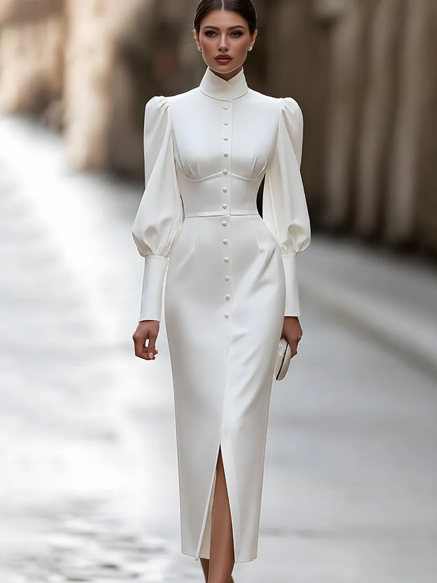 High-Neck Puff-Sleeve Button-Front Midi Dress sold by Mooyius product image thumbnail 3