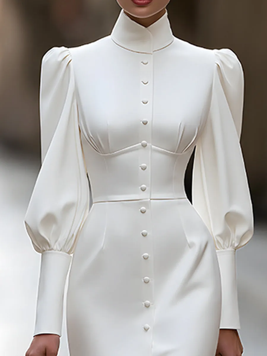High-Neck Puff-Sleeve Button-Front Midi Dress sold by Mooyius product image thumbnail 5