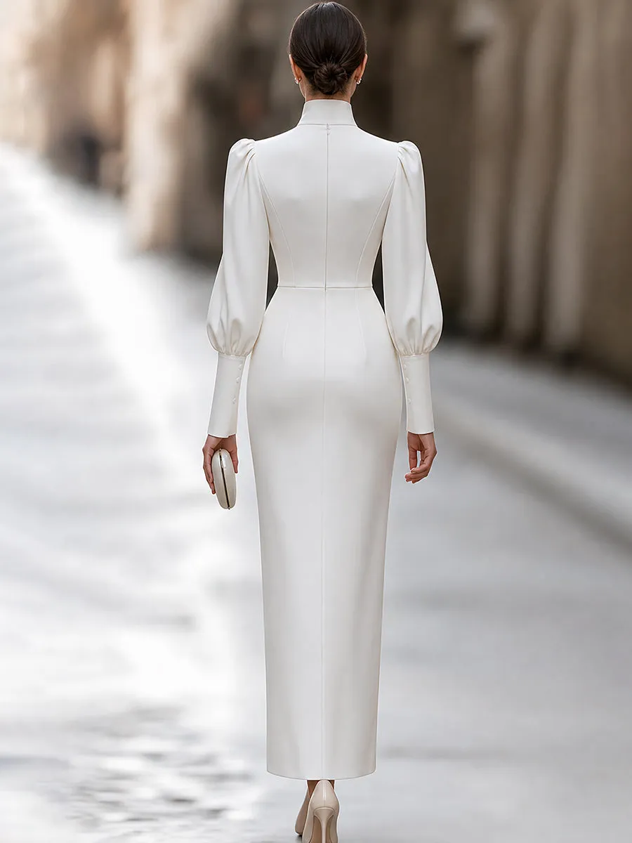 High-Neck Puff-Sleeve Button-Front Midi Dress sold by Mooyius product image thumbnail 2