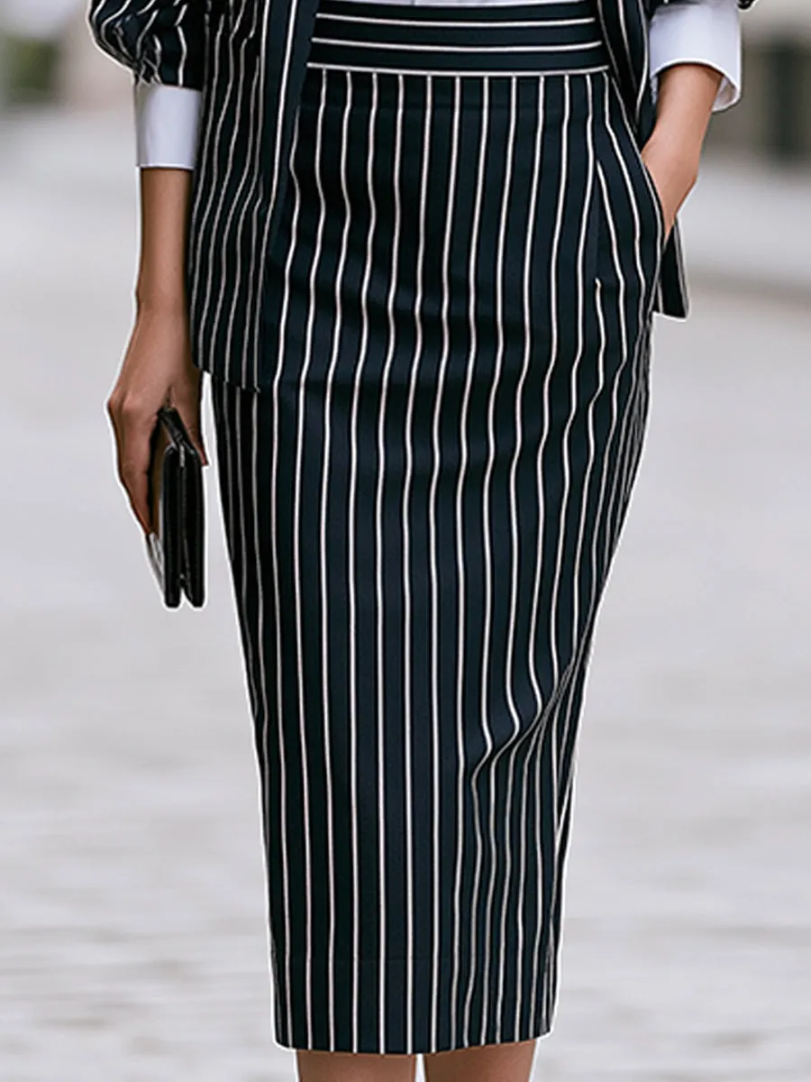 Three-piece Set Featuring A Pinstriped Blazer A Shirt A Midi-length Pencil Skirt sold by Mooyius product image thumbnail 5