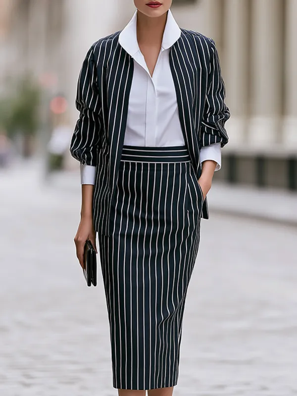 Three-piece Set Featuring A Pinstriped Blazer A Shirt A Midi-length Pencil Skirt made by Mooyius