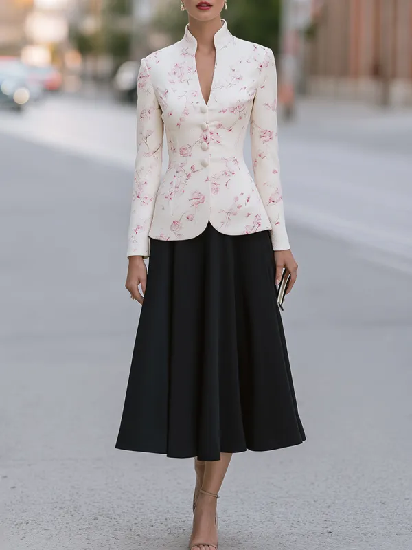 Floral Stand-Collar Jacket And A-Line Midi Skirt Set made by Mooyius