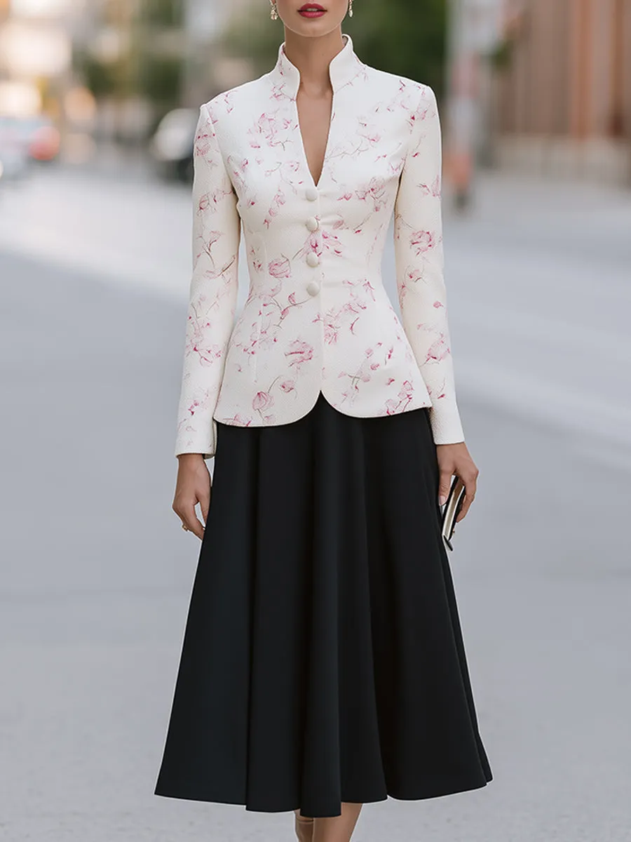 Floral Stand-Collar Jacket And A-Line Midi Skirt Set sold by Mooyius product image thumbnail 3