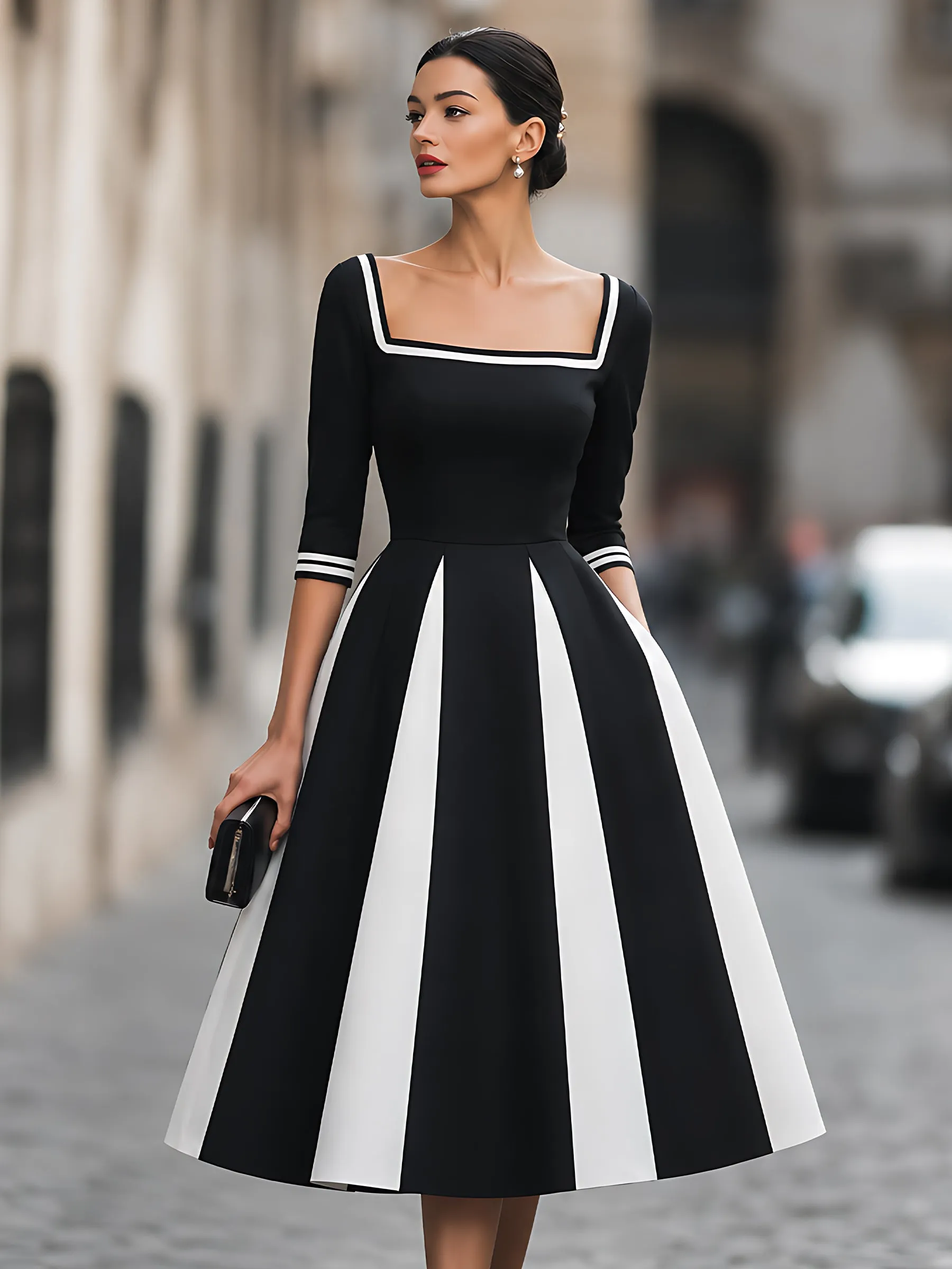 Contrast-Panel Square-Neck A-Line Midi Dress sold by Mooyius product image thumbnail 2