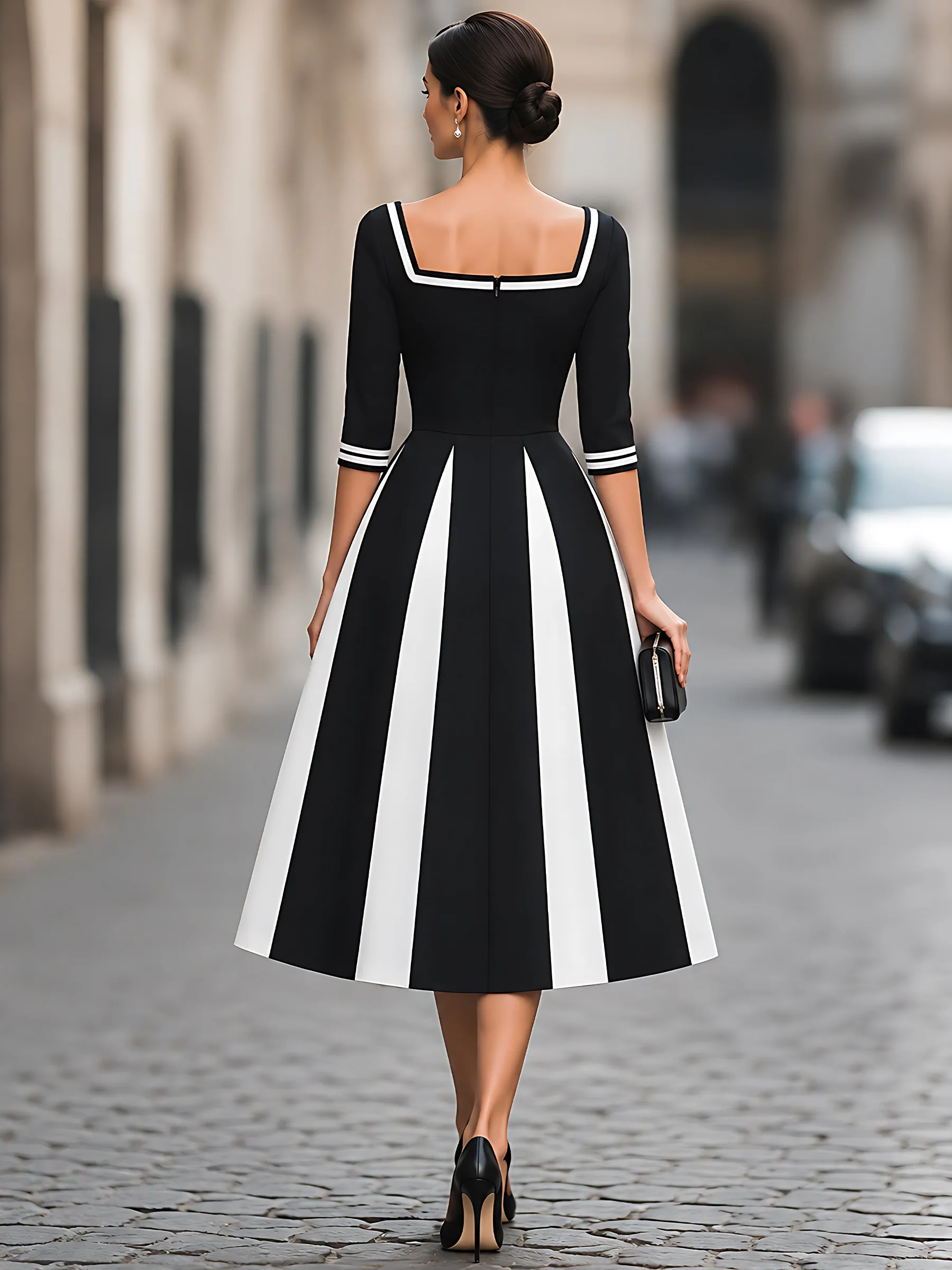 Contrast-Panel Square-Neck A-Line Midi Dress sold by Mooyius product image thumbnail 5
