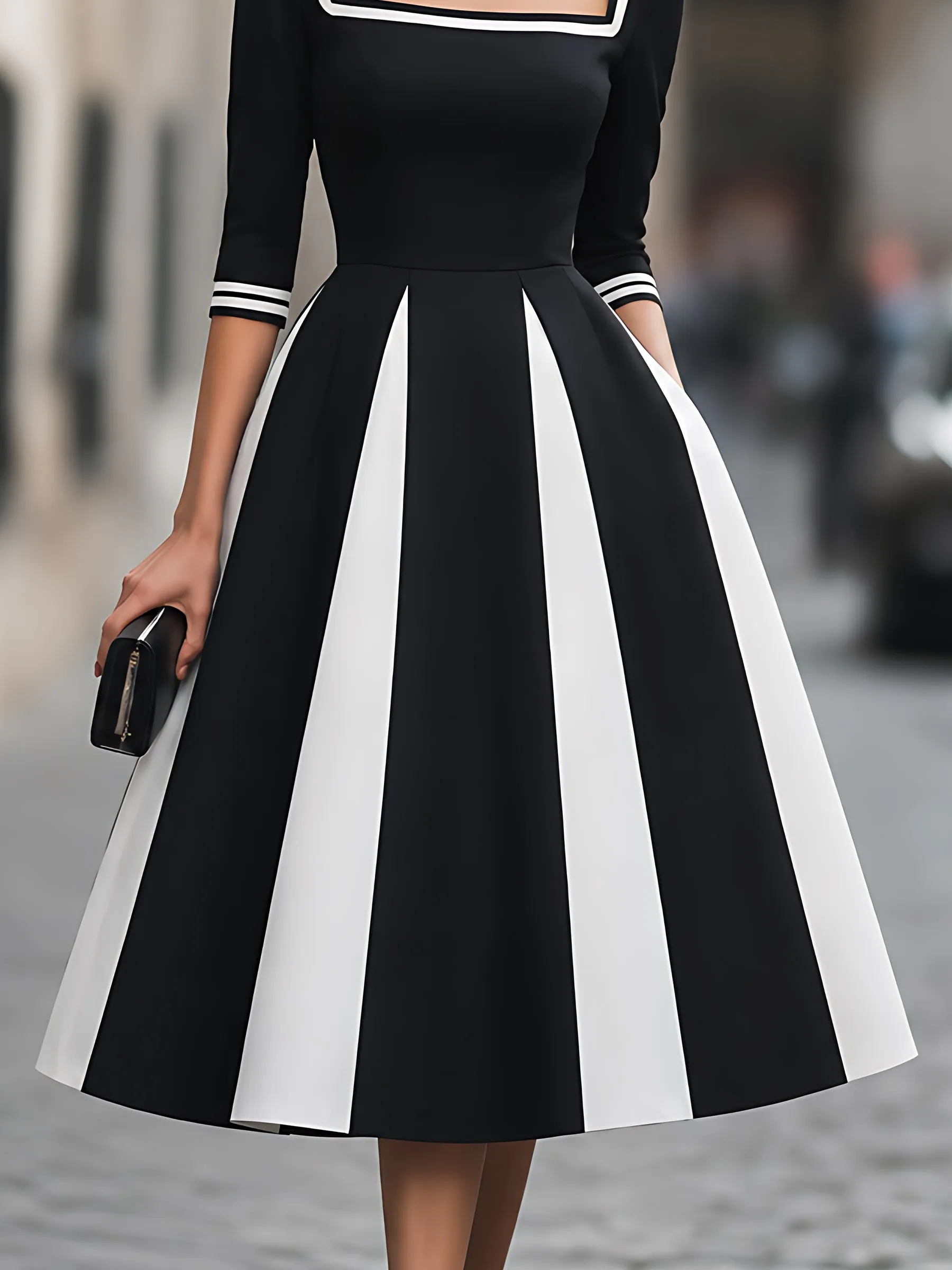 Contrast-Panel Square-Neck A-Line Midi Dress sold by Mooyius product image thumbnail 4