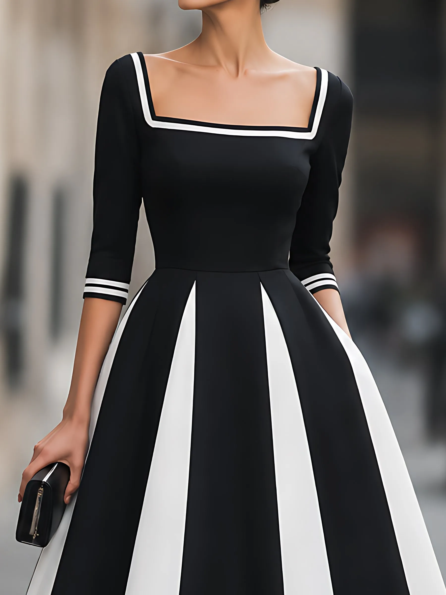 Contrast-Panel Square-Neck A-Line Midi Dress sold by Mooyius product image thumbnail 3