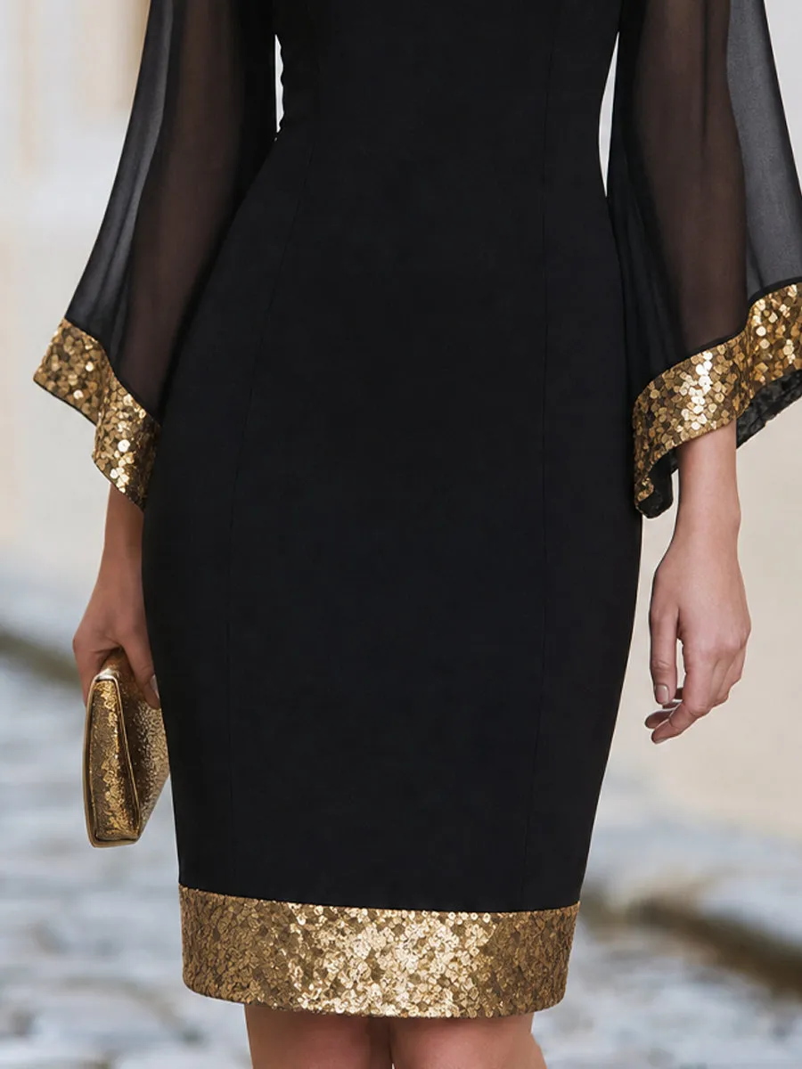 Boat Neck Sheer Flare Sleeve Gold Sequin Trim Bodycon Mini Dress sold by Mooyius product image thumbnail 4