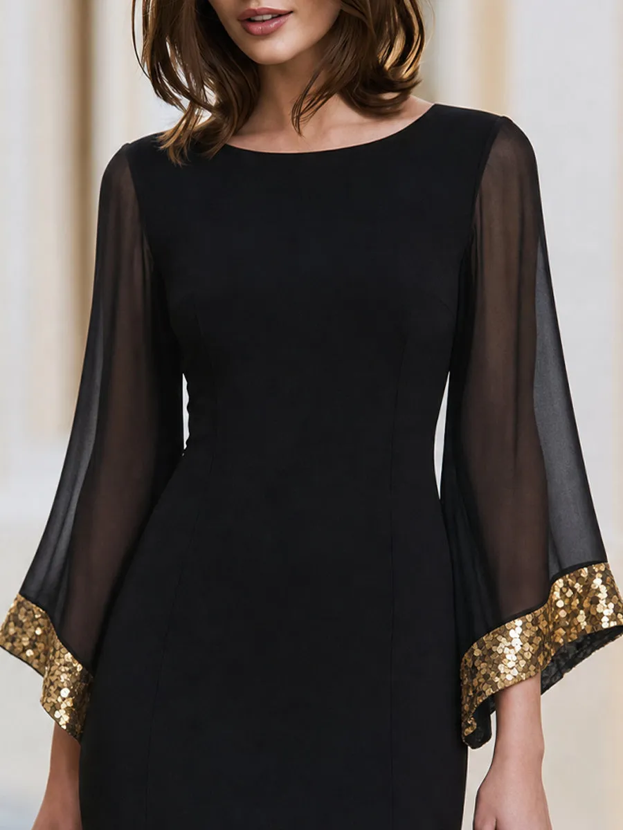 Boat Neck Sheer Flare Sleeve Gold Sequin Trim Bodycon Mini Dress sold by Mooyius product image thumbnail 3
