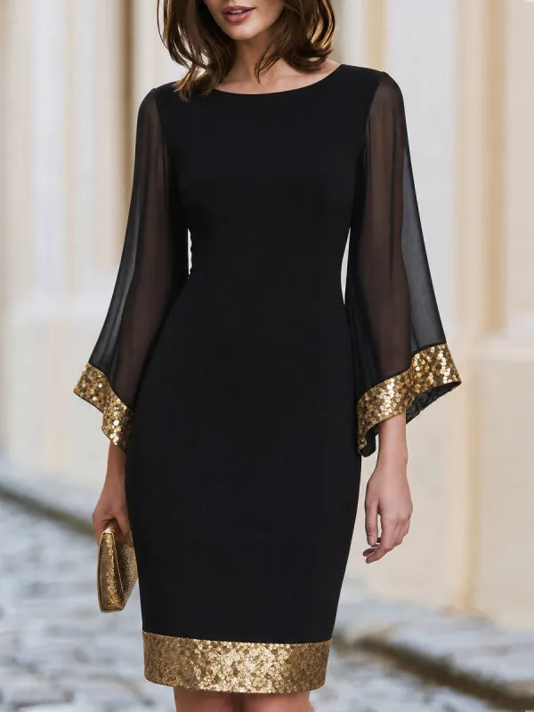 Boat Neck Sheer Flare Sleeve Gold Sequin Trim Bodycon Mini Dress made by Something Navy