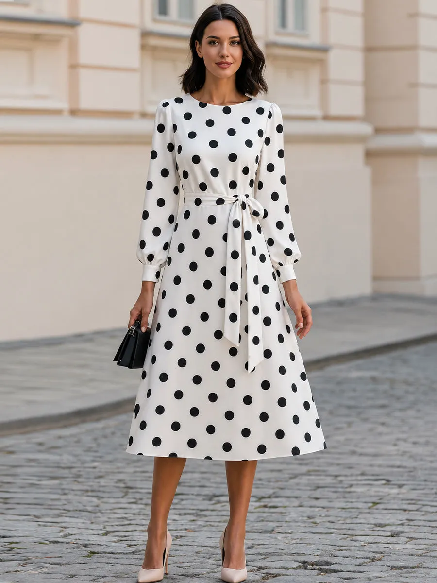 Polka Dot Round Neck Balloon Sleeve Belted A-Line Midi Dress sold by Mooyius product image thumbnail 2