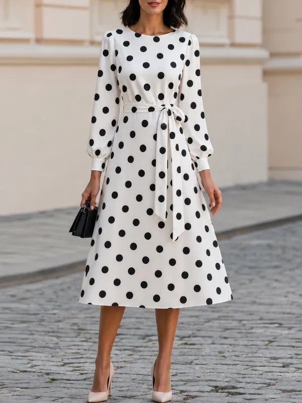 Polka Dot Round Neck Balloon Sleeve Belted A-Line Midi Dress made by Something Navy
