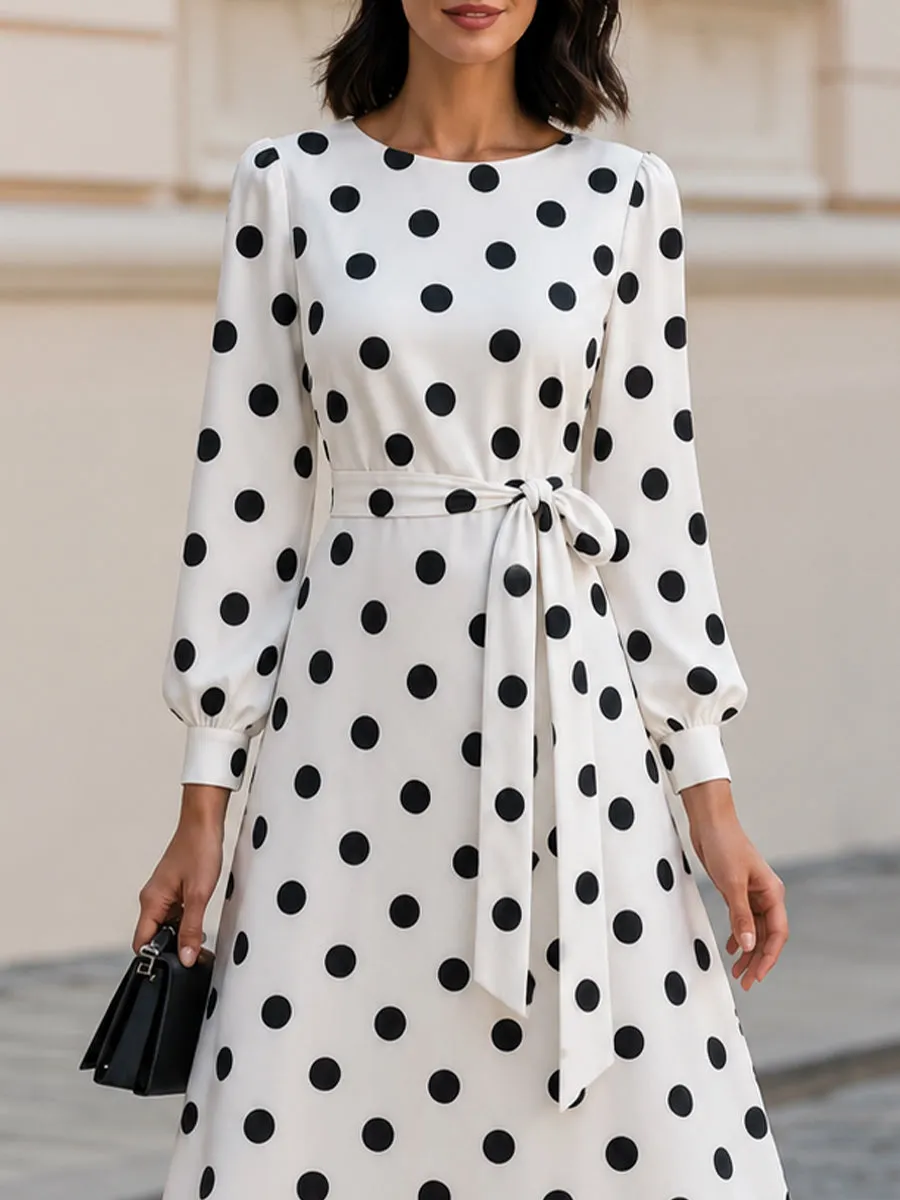 Polka Dot Round Neck Balloon Sleeve Belted A-Line Midi Dress sold by Mooyius product image thumbnail 4