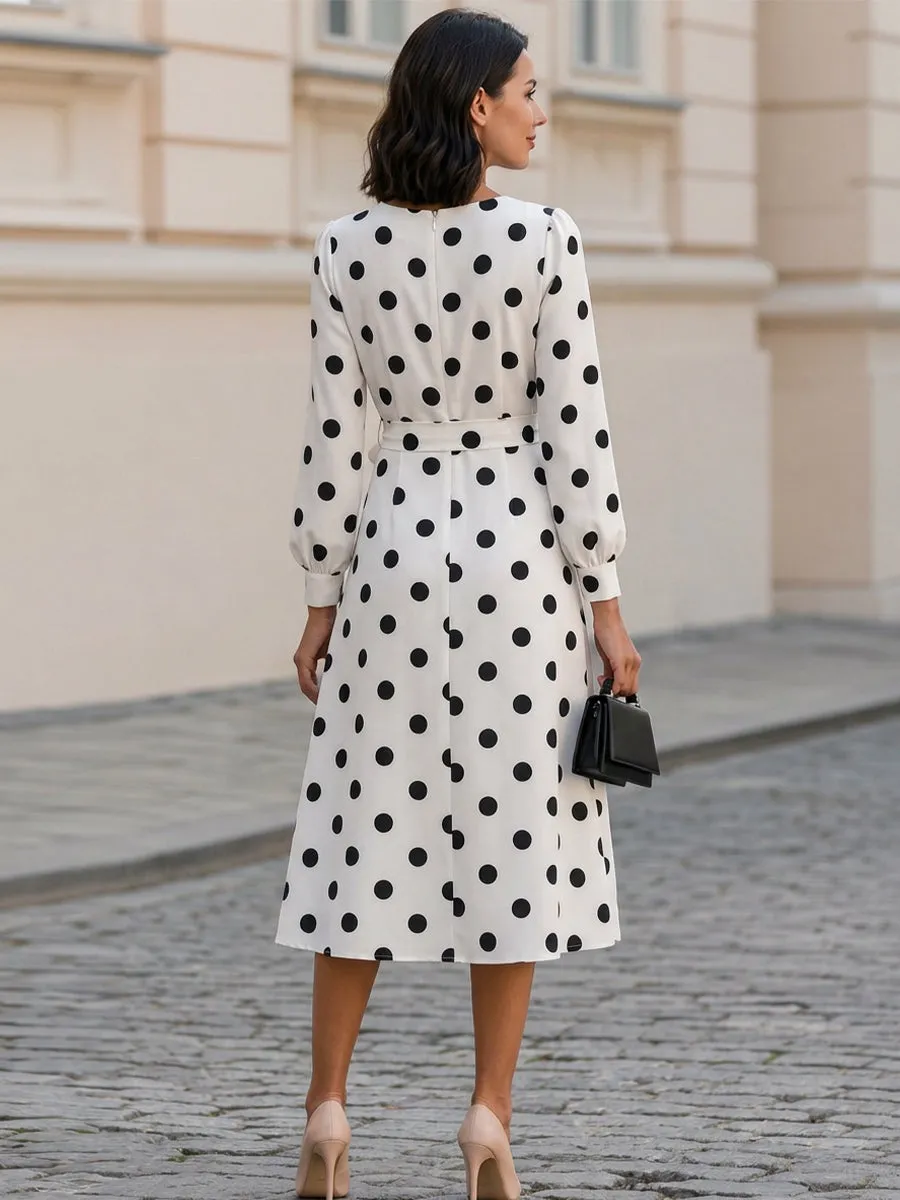 Polka Dot Round Neck Balloon Sleeve Belted A-Line Midi Dress sold by Mooyius product image thumbnail 3