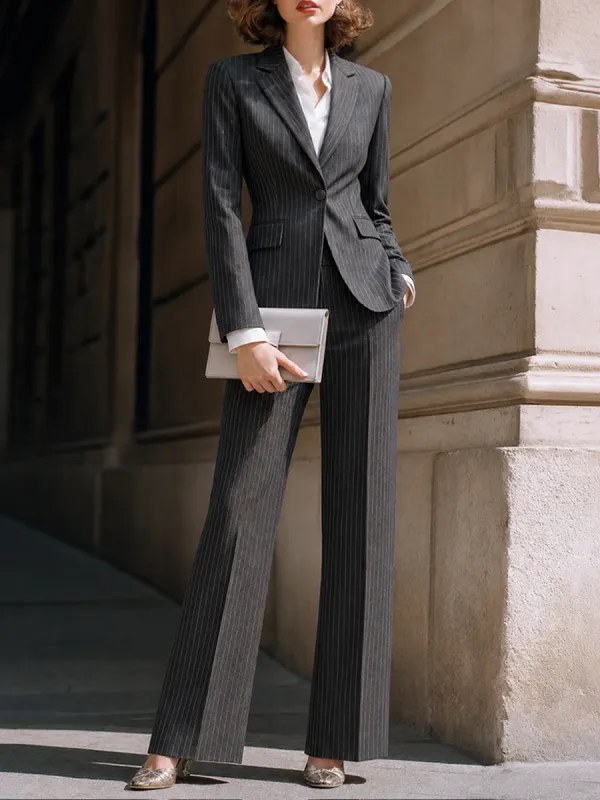 Pinstripe Single-Button Blazer And Wide-Leg Pants Set made by Mooyius