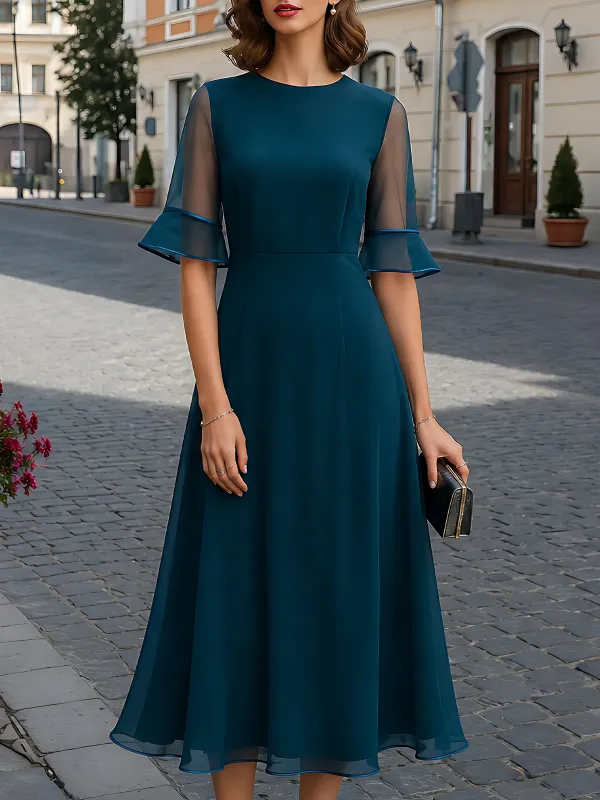 Sheer-Sleeve Chiffon A-Line Midi Dress made by Mooyius