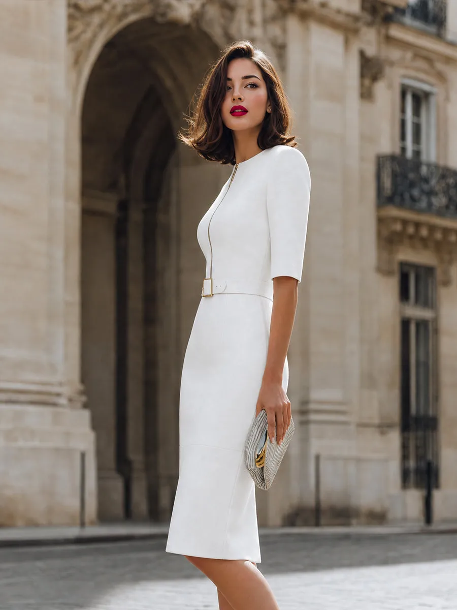 Zip-Front Belted Pencil Midi Dress sold by Mooyius product image thumbnail 4