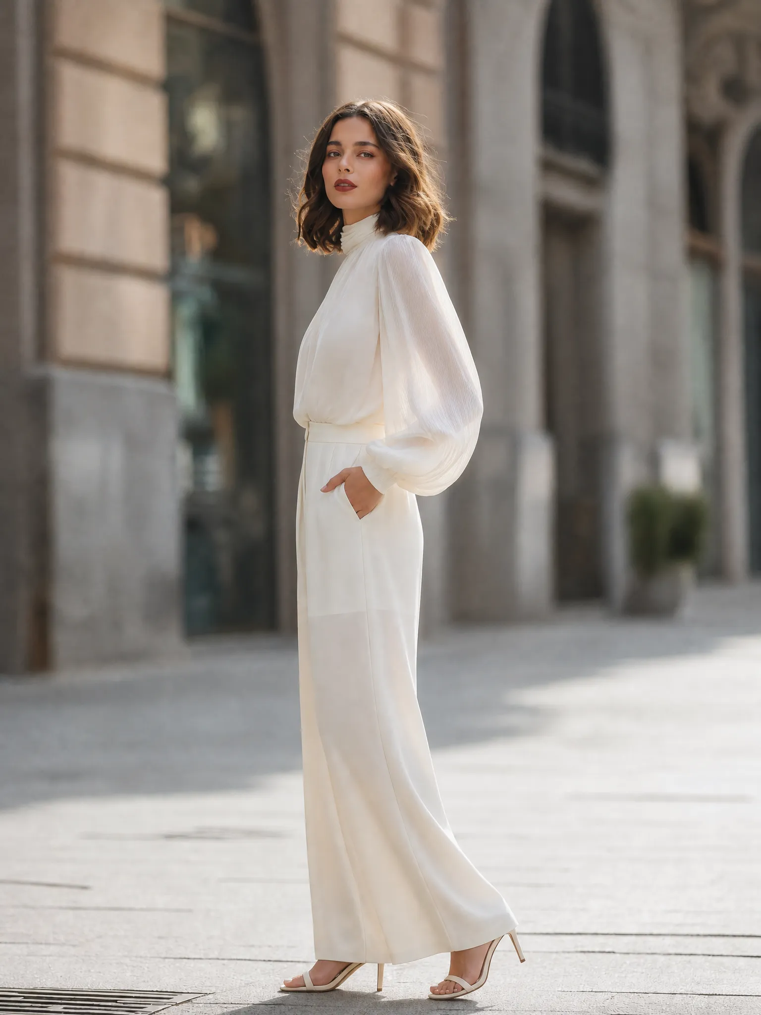 Elegant High Neck Lantern Sleeve Blouse & Wide Leg Trousers Set sold by Mooyius product image thumbnail 4