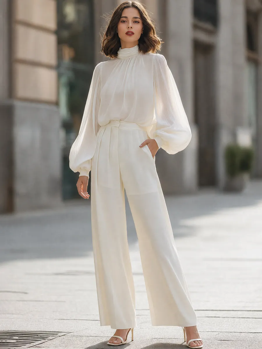 Elegant High Neck Lantern Sleeve Blouse & Wide Leg Trousers Set sold by Mooyius product image thumbnail 3