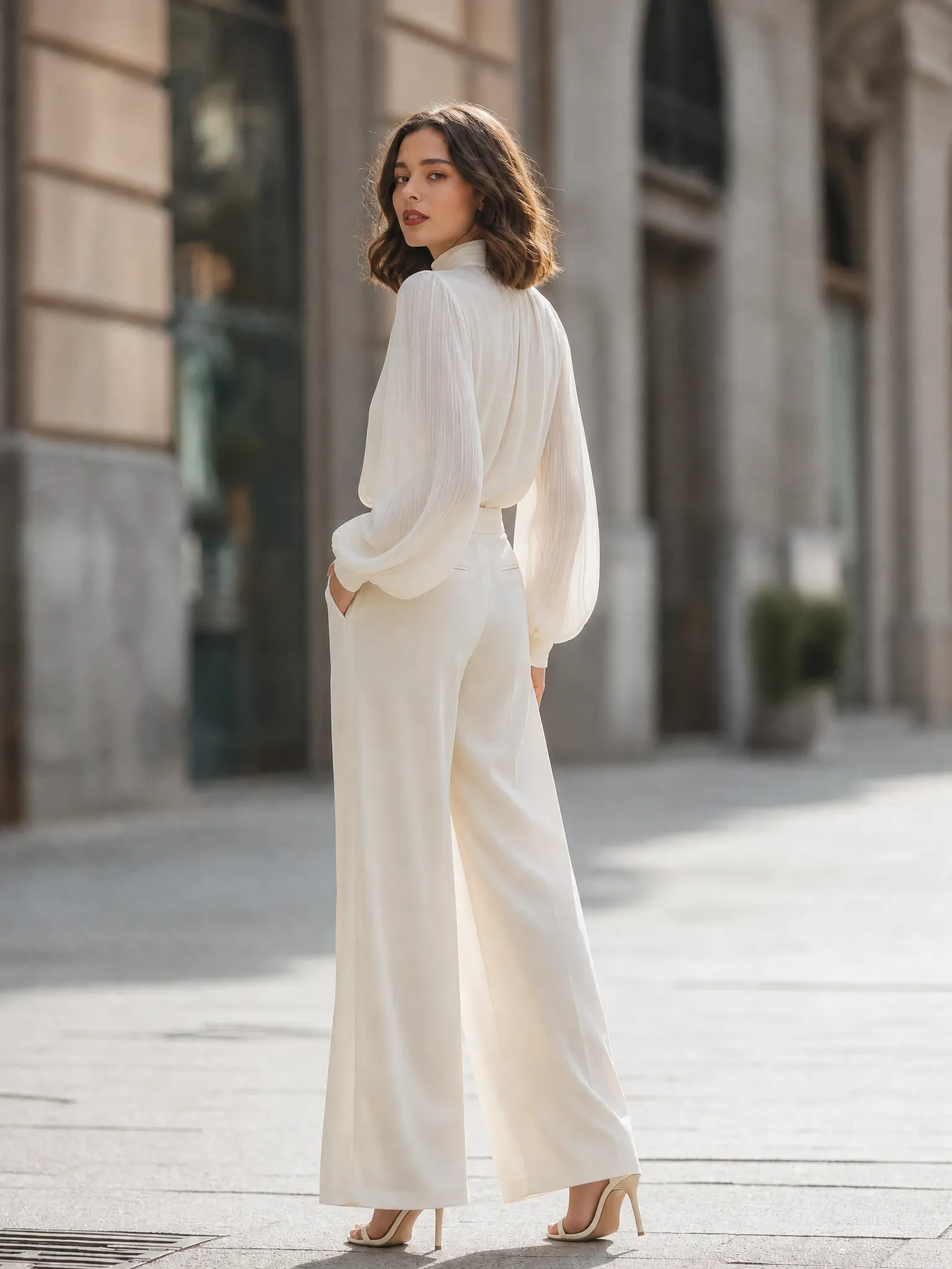 Elegant High Neck Lantern Sleeve Blouse & Wide Leg Trousers Set sold by Mooyius product image thumbnail 2