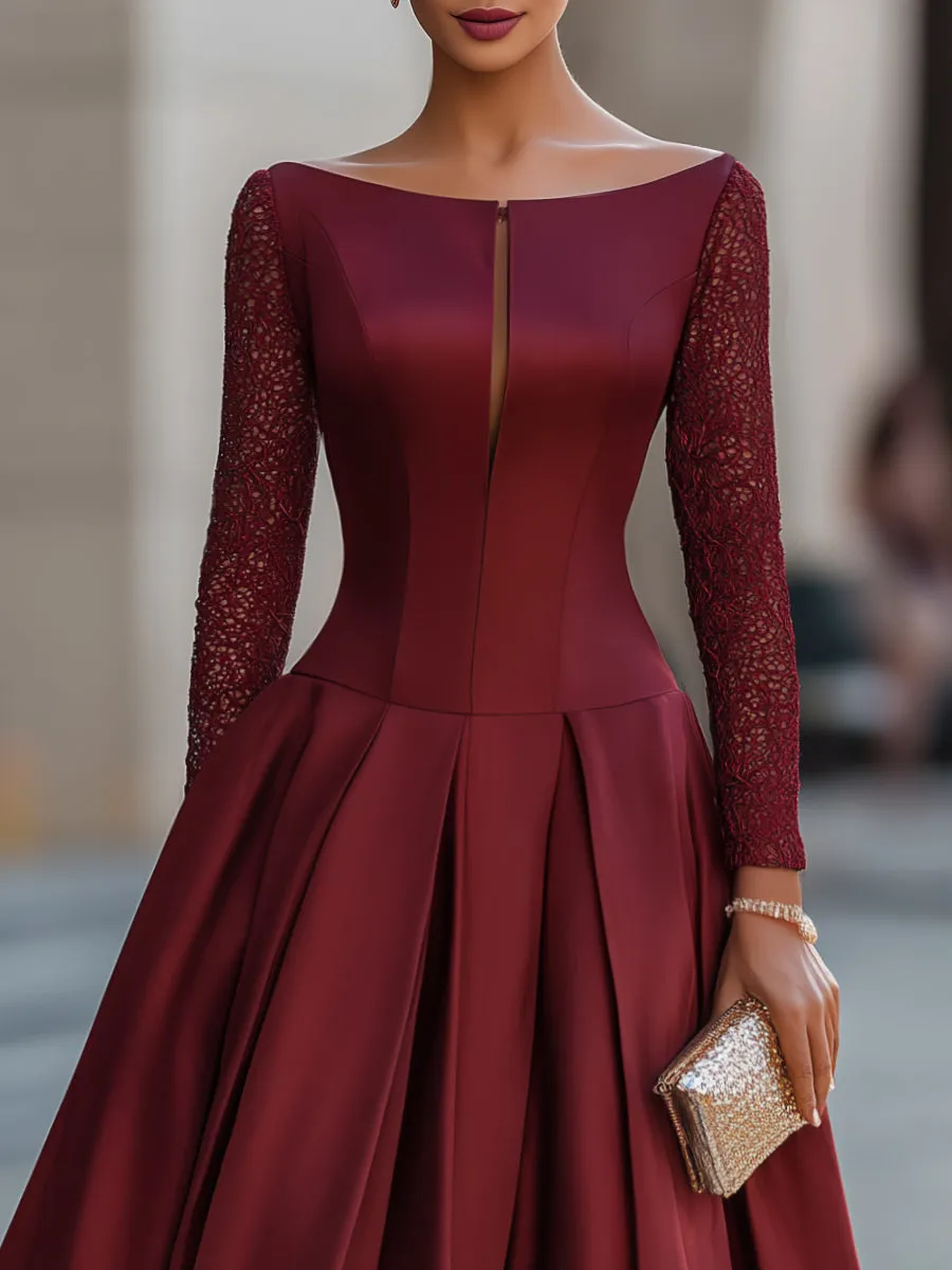 Bateau Neckline Satin Lace Sleeve Midi Dress sold by Mooyius product image thumbnail 2