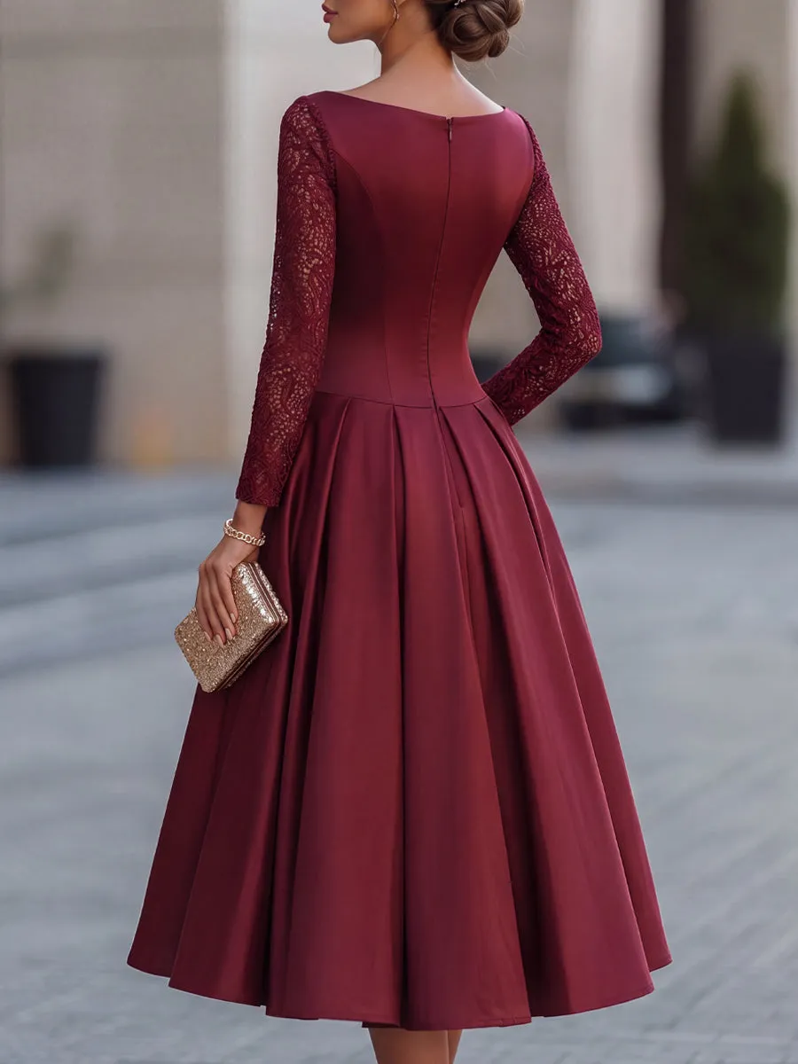 Bateau Neckline Satin Lace Sleeve Midi Dress sold by Mooyius product image thumbnail 4
