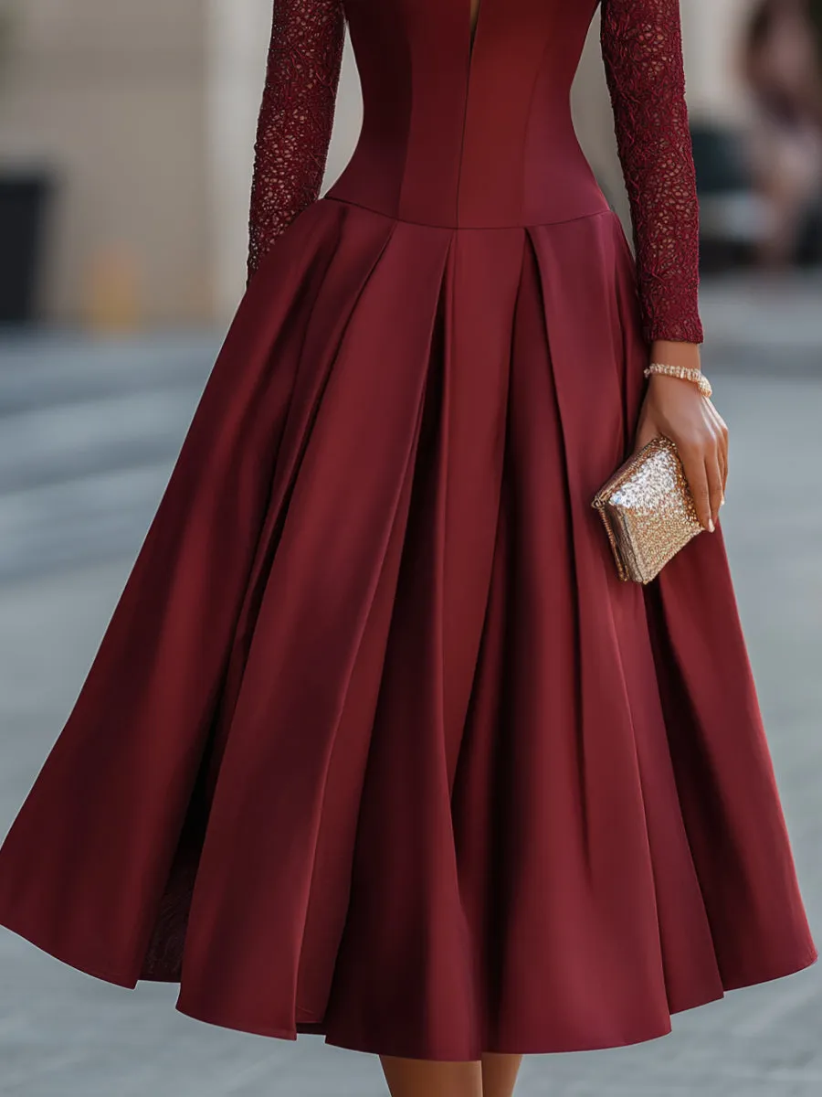 Bateau Neckline Satin Lace Sleeve Midi Dress sold by Mooyius product image thumbnail 3