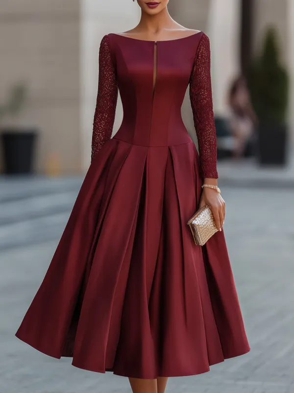 Bateau Neckline Satin Lace Sleeve Midi Dress made by Mooyius