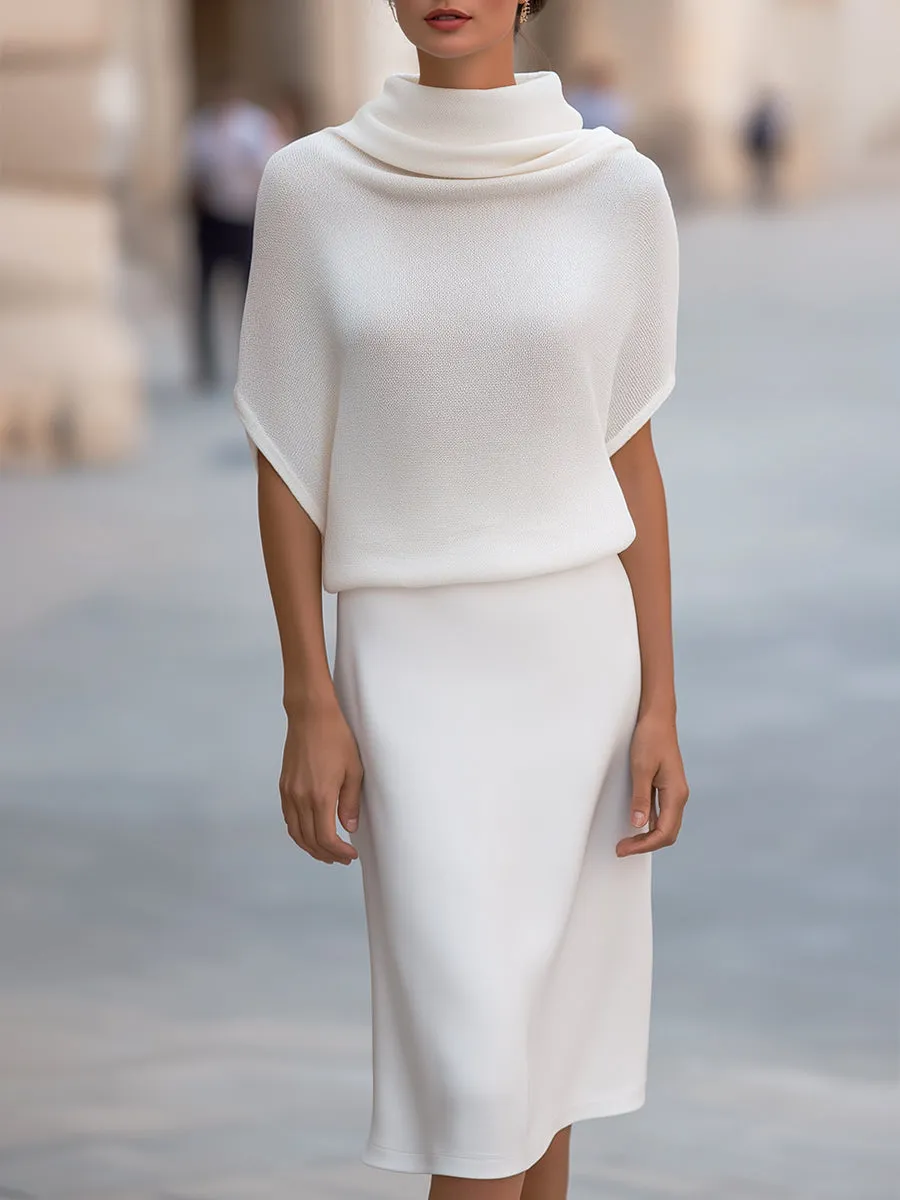 Elegant White Turtleneck Knit Top And Pencil Skirt Set sold by Mooyius