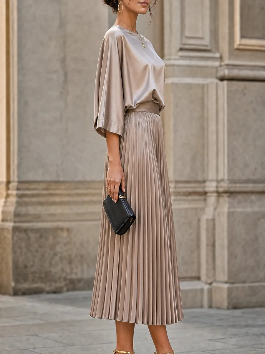 Women's Satin Pleated Midi Skirt with Batwing Sleeve Top Set sold by Mooyius product image thumbnail 4