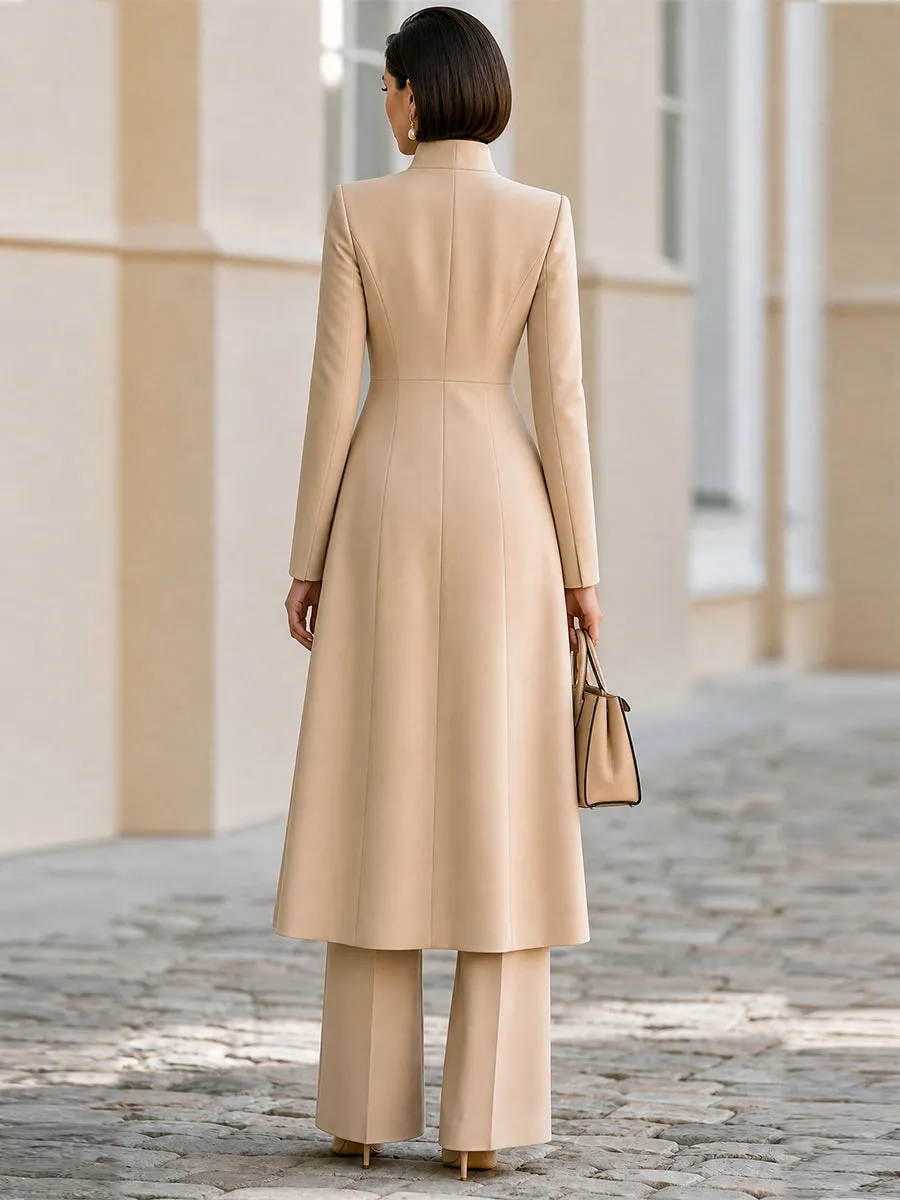 Tand Collar Long Tailored Coat & High Waist Flare Pants Two-Piece Suit sold by Mooyius product image thumbnail 3