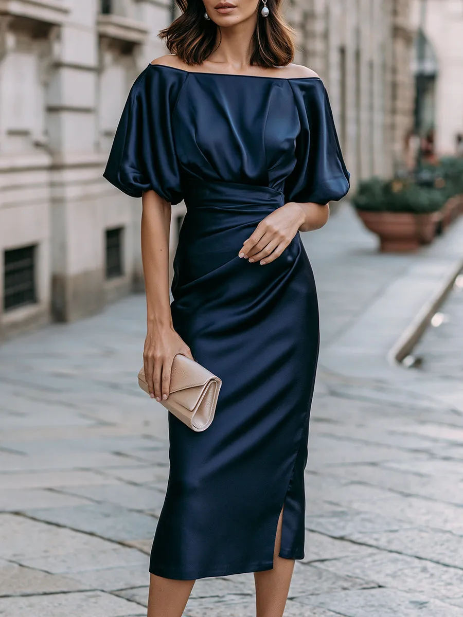 Off-Shoulder Puff-Sleeve Ruched Midi Dress With Side Slit sold by Mooyius